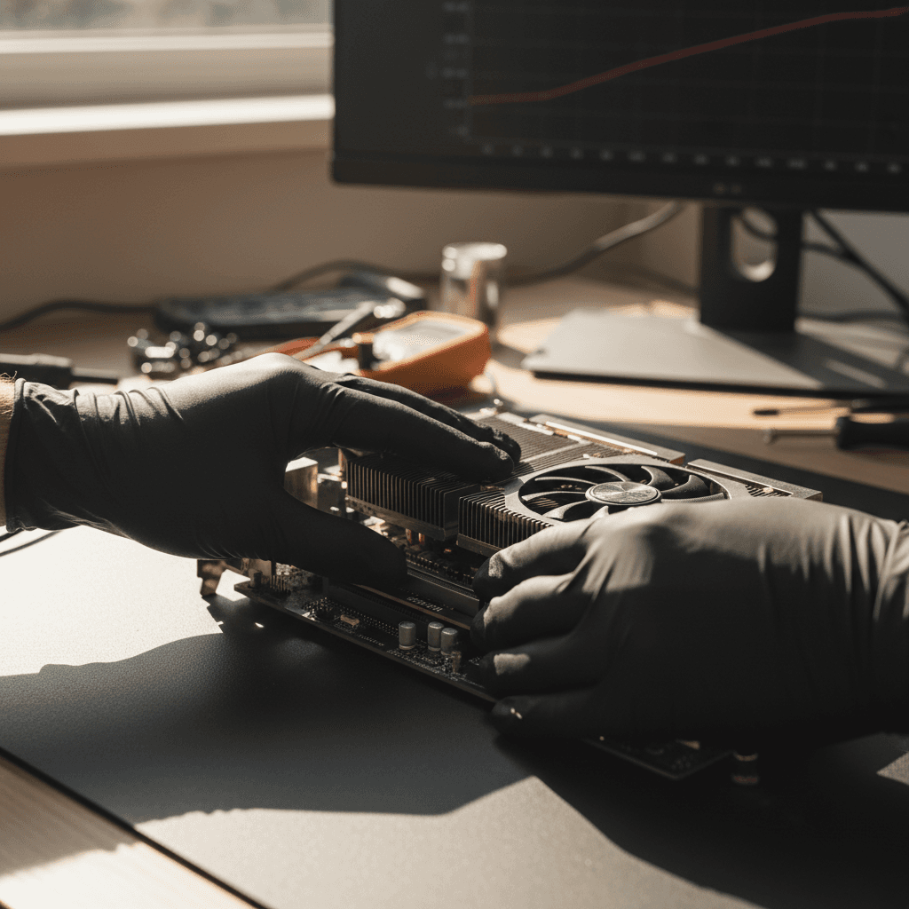 Technician hands installing graphics card into computer motherboard with precision and care in professional workspace