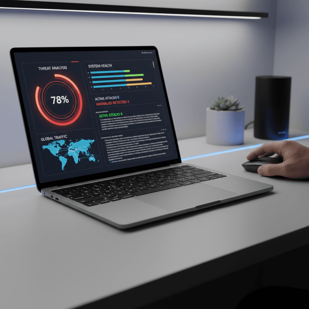 Laptop screen displaying network security monitoring dashboard with real-time system health metrics