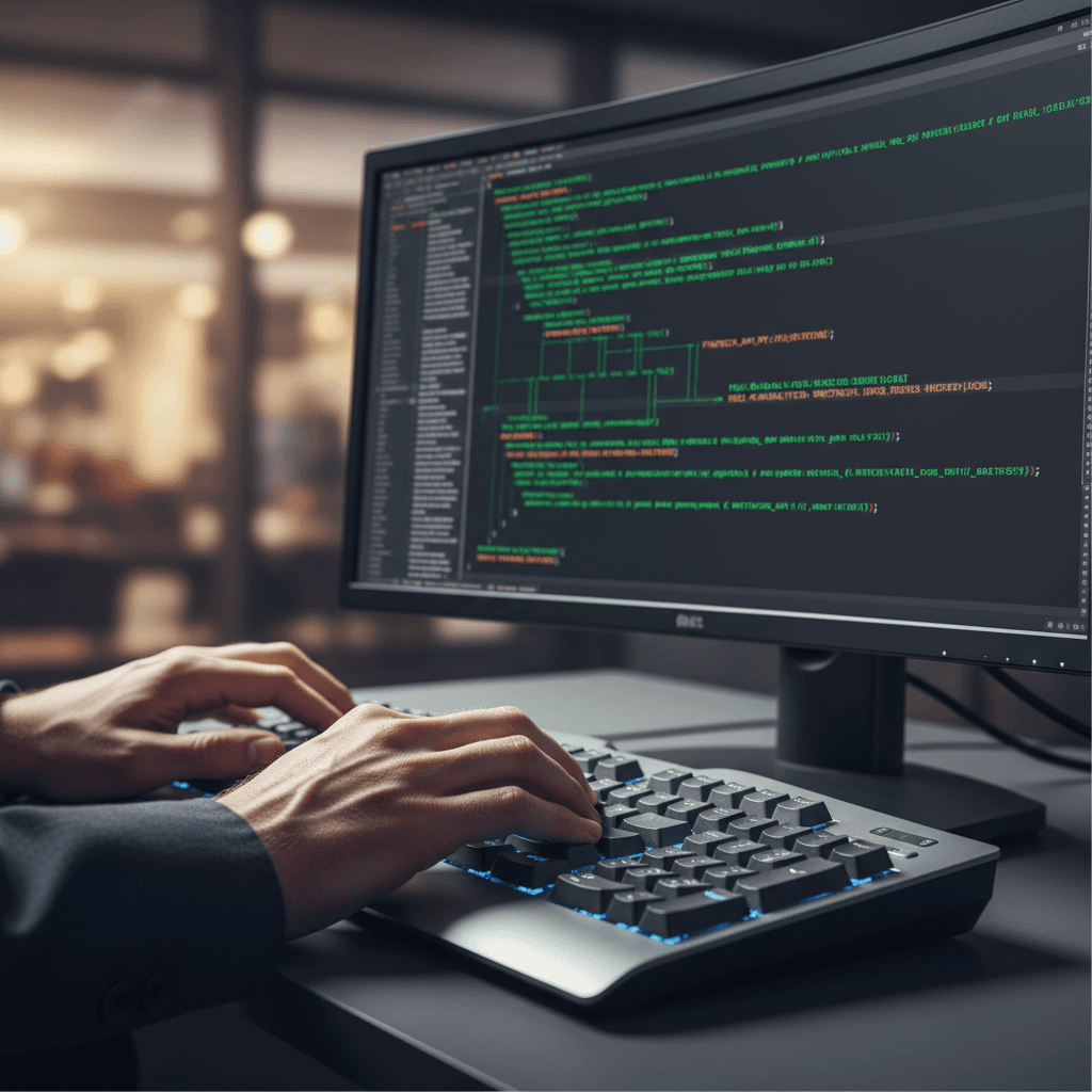 Close-up of developer's hands typing code for financial data architecture and API integration on keyboard and monitor