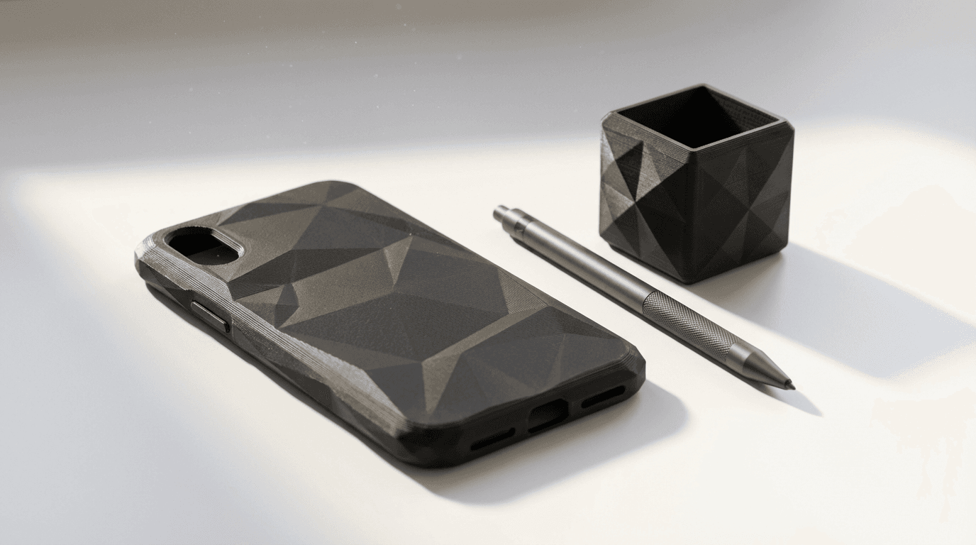 3D-printed smartphone case and organizer cube displayed on white desk, minimalist studio setting, geometric details.